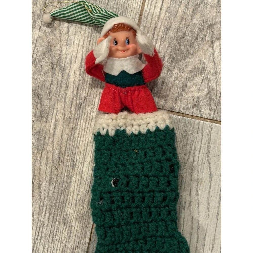 Vintage Pixie Santa Elf Knee Hugger Crochet Stocking Christmas Kitschy Rubber